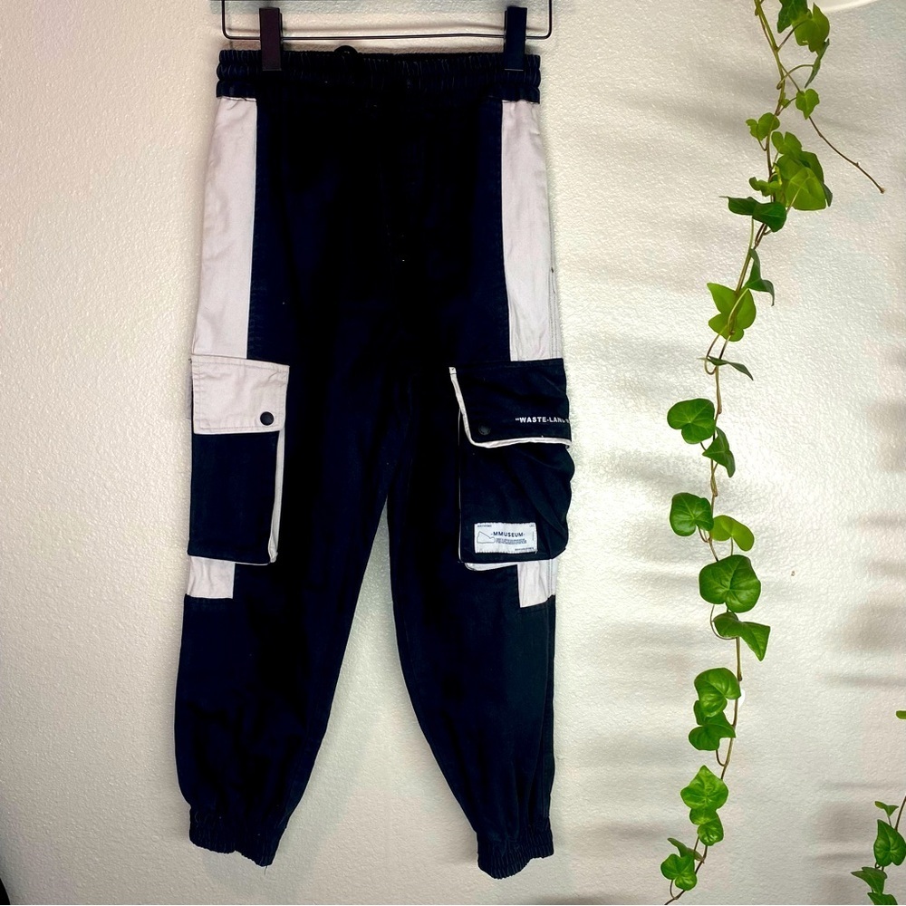 YOA MMUSEUM Black and White Cargo Pants, Men Black and Gray Joggers - Picture 1 of 7